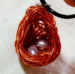 Handmade copper nest bird dragon eggs beads pearls necklace purple lavender gems